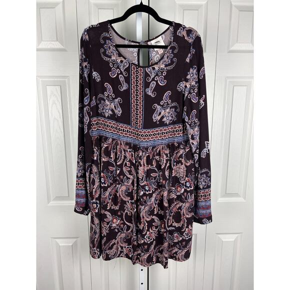 Knox Rose Dress 2XL Womens Mini Brown Long Sleeve Key Hole Back Paisley Print - Picture 8 of 9